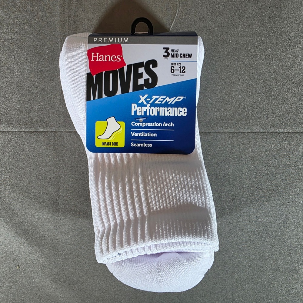 Hanes Moves Mens X-Temp Performance Mid Crew Socks 3 Pair White PMSA84 Size 6-12